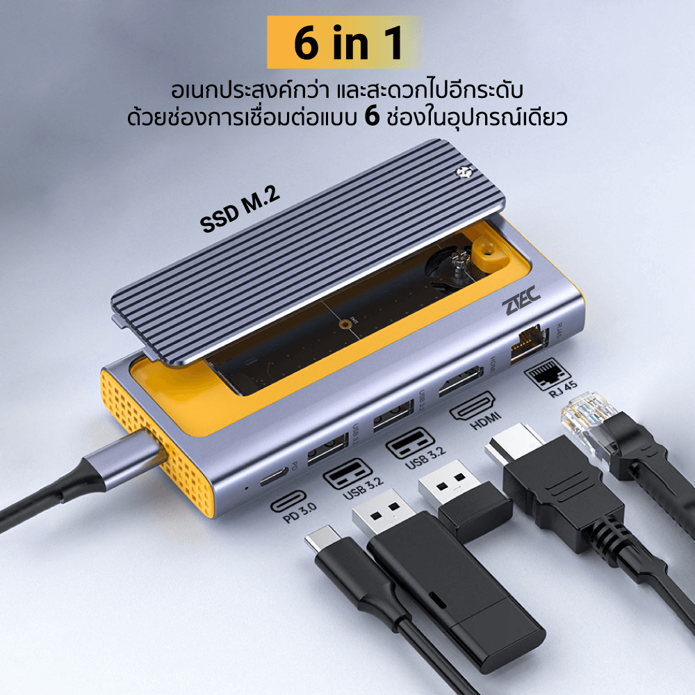 Portable M.2 (6in1) Docking Station ZTEC ZD621 พอร์ต LAN (ช่องการเชื่อมต่อ 6 ช่องในอุปกรณ์เดียว)_3